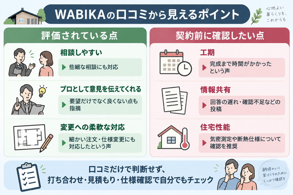 WABIKAの口コミをもとに、相談のしやすさやプロとしての助言、変更への柔軟な対応など評価されている点と、工期・情報共有・気密測定や断熱仕様など契約前に確認したい点を比較した図解
