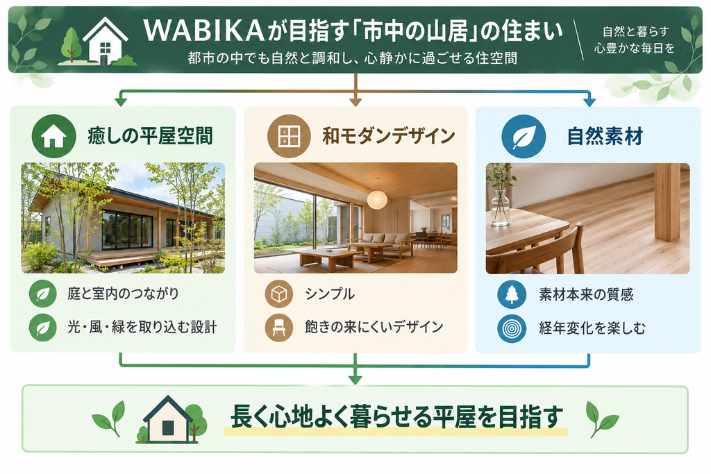 WABIKAが目指す「市中の山居」の思想と、癒しの平屋空間・和モダンデザイン・自然素材の3つの要素から、自然と調和した心地よい住まいを目指す考え方を示した図解