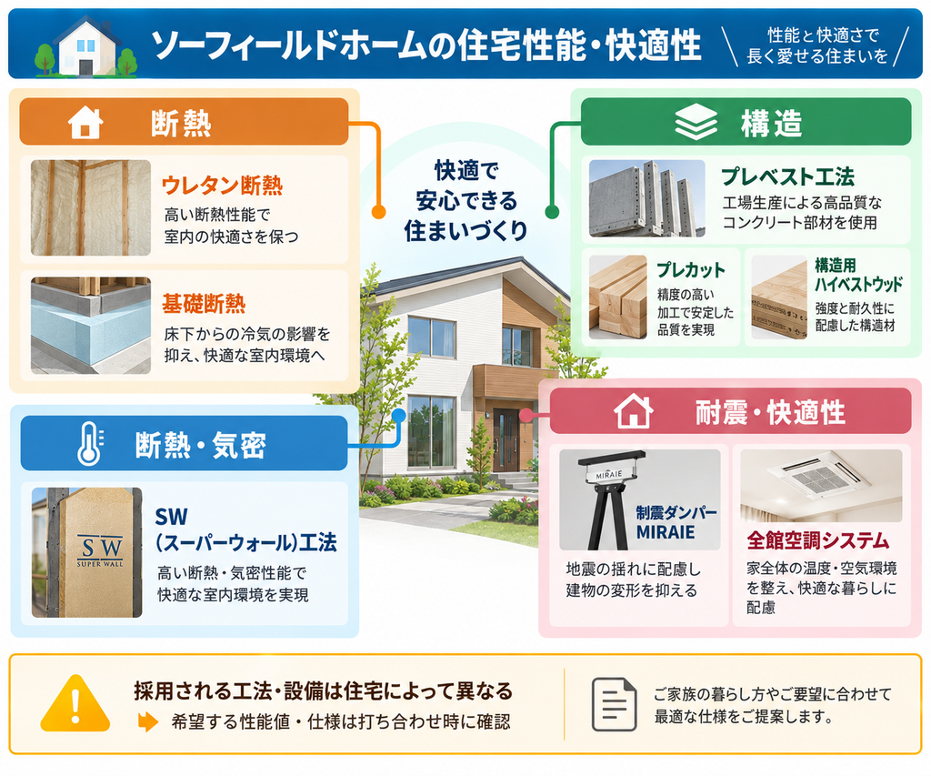 ソーフィールドホームの住宅性能・快適性を支える、ウレタン断熱や基礎断熱、プレベスト工法、SW工法、制震ダンパーMIRAIE、全館空調システムなどの工法・設備を示した図解。
