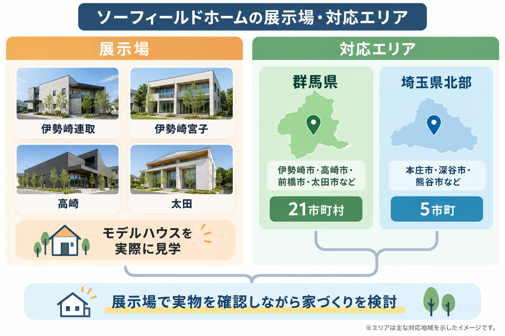 ソーフィールドホームの伊勢崎連取・伊勢崎宮子・高崎・太田の4展示場と、群馬県21市町村・埼玉県北部5市町の対応エリアを示した図解